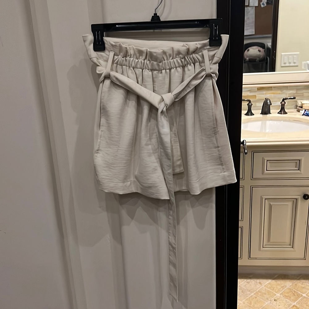 high waisted cream shorts with tie